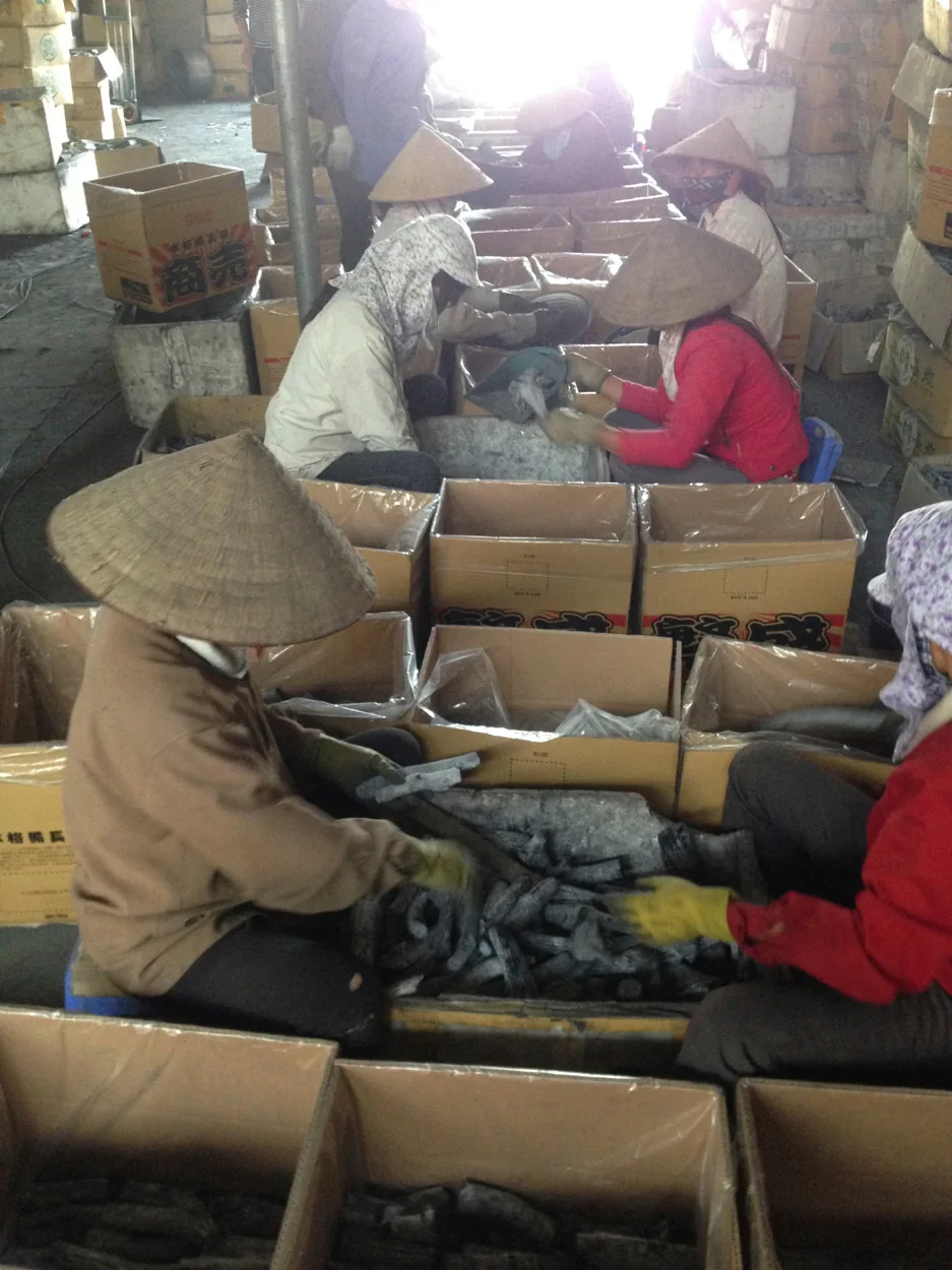 Workers packing charcoal from historical company photo archive